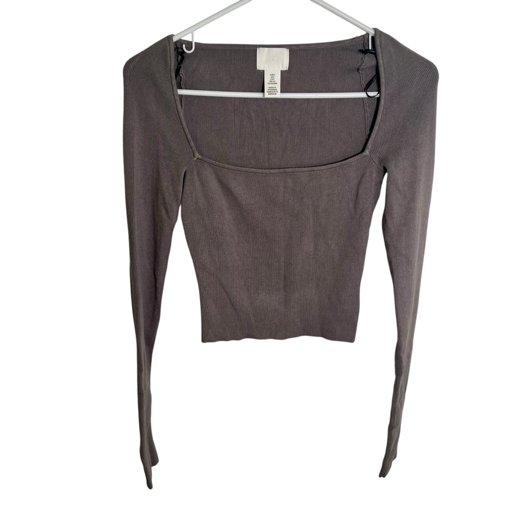 H&M Women's Size Medium Square-Neck Crop Top Brown Gray Ribbed Long Sleeve Knit